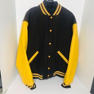 Vintage GAME Sportswear Leather Varsity Jacket Mens Large Brown / Yellow Gold